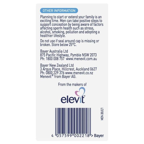 VIÊN UỐNG HỖ TRỢ TINH TRÙNG MENEVIT PRE-CONCEPTION SPERM HEALTH 30 VIÊN - Hình ảnh 3